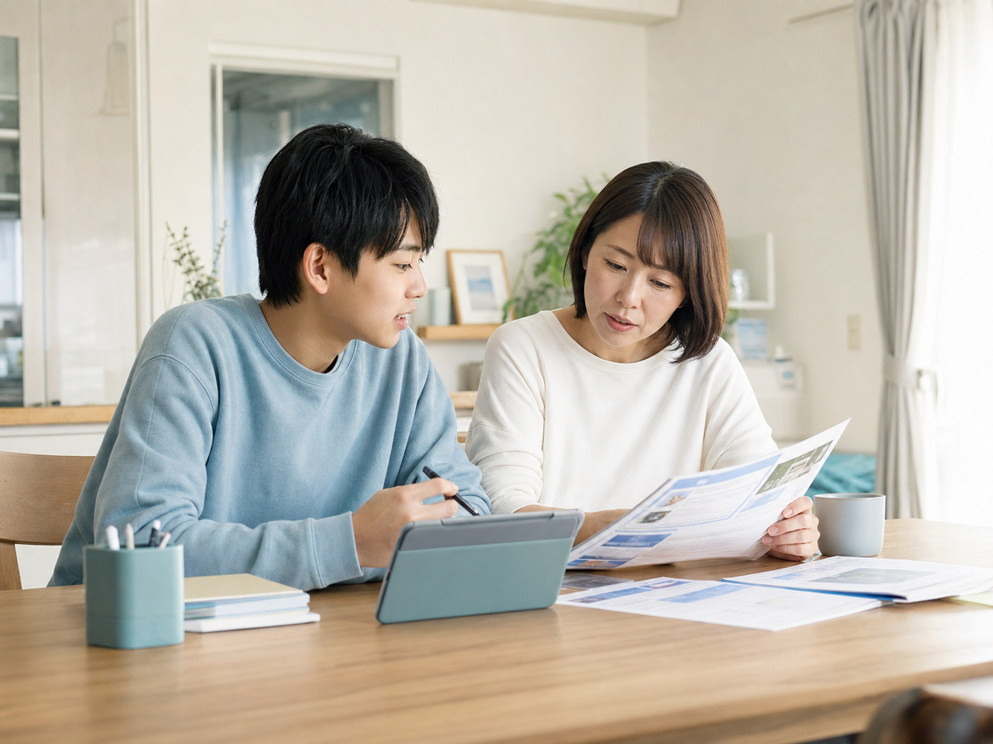 保護者と高校生が学校資料とタブレットを一緒に確認している様子