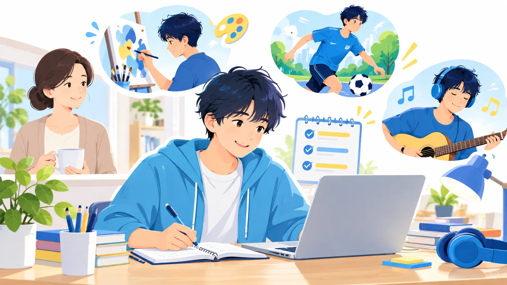 自分のペースで学習と活動を両立する生徒のイラスト