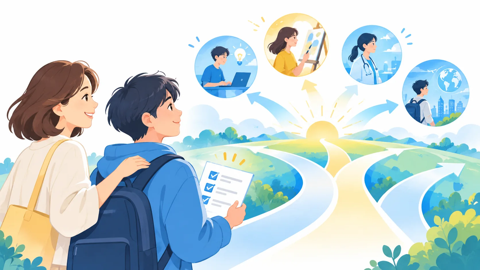 親子が自分たちに合う進路条件を確認して前へ進むイラスト
