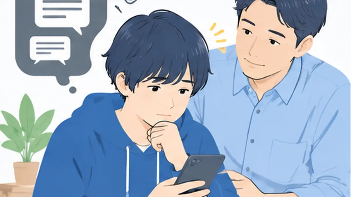 ネット上の会話で違和感を感じた生徒が相談を考えるイラスト