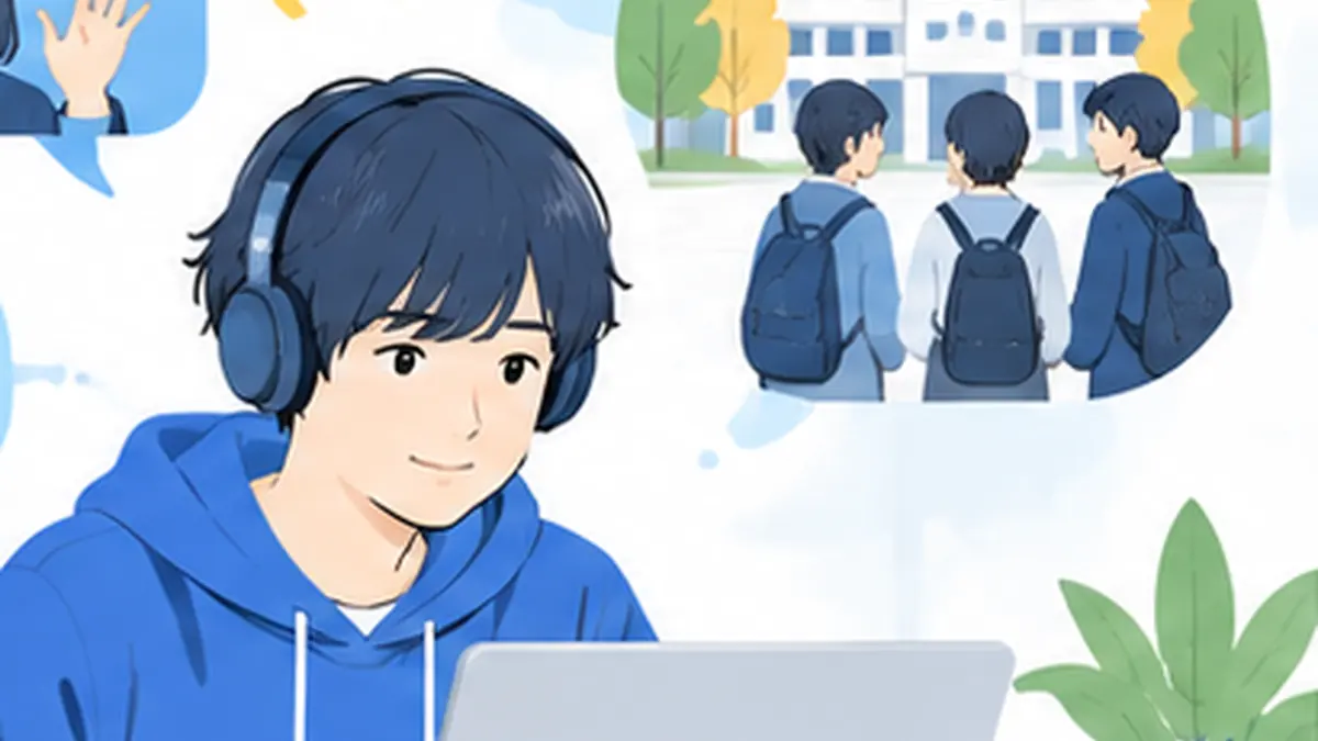 オープンキャンパスで居場所や相談しやすさを確認する親子のイラスト