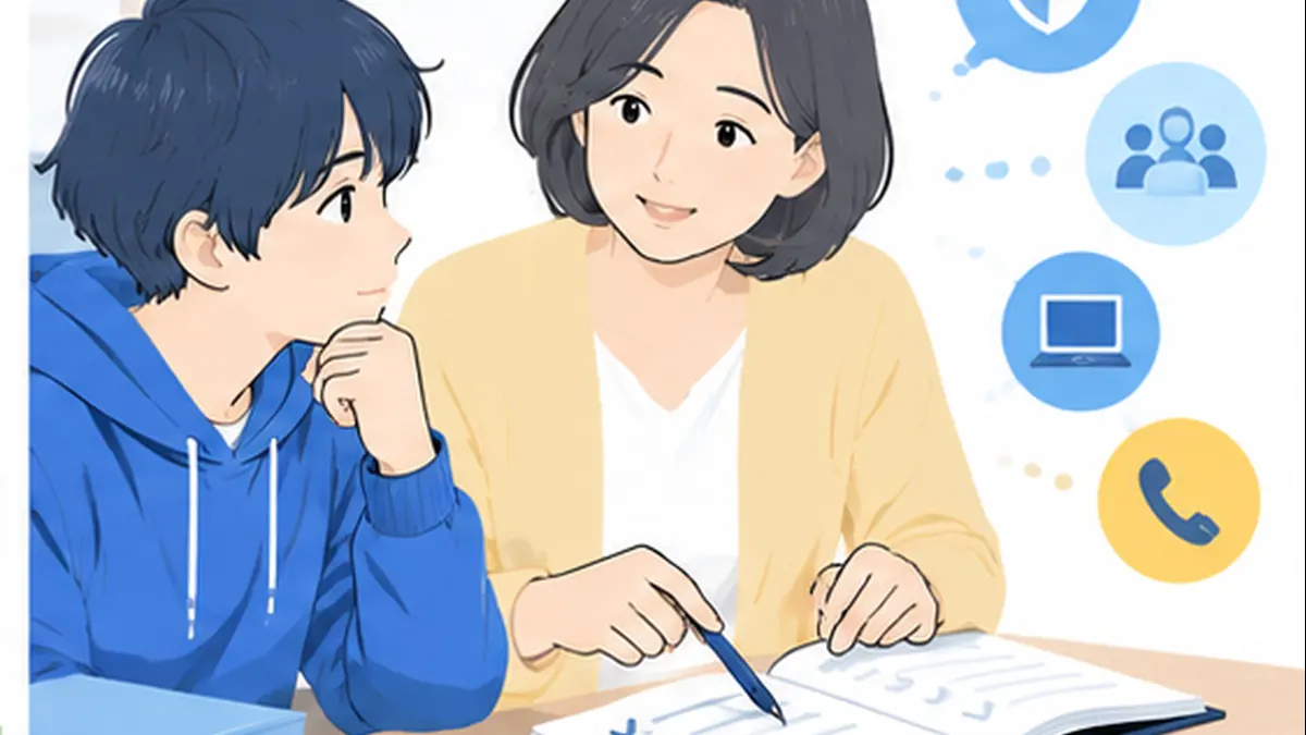 困ったときに相談先と逃げ道を確認して安心する親子のイラスト