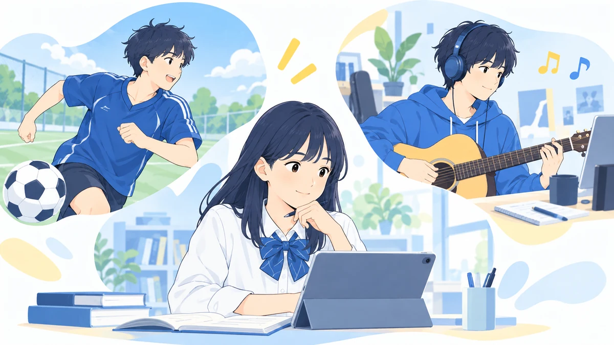 スポーツや創作など学校外の活動と学習を両立するイラスト