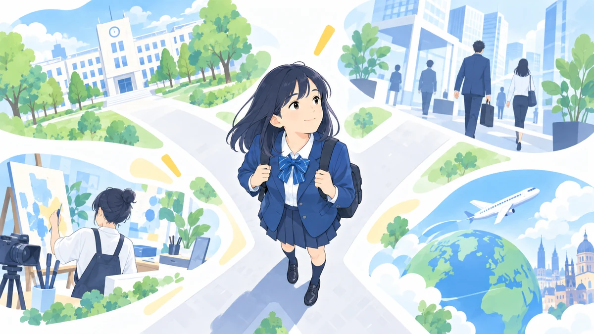 大学・専門学校・就職・留学など複数の進路へ分かれる卒業生のイラスト