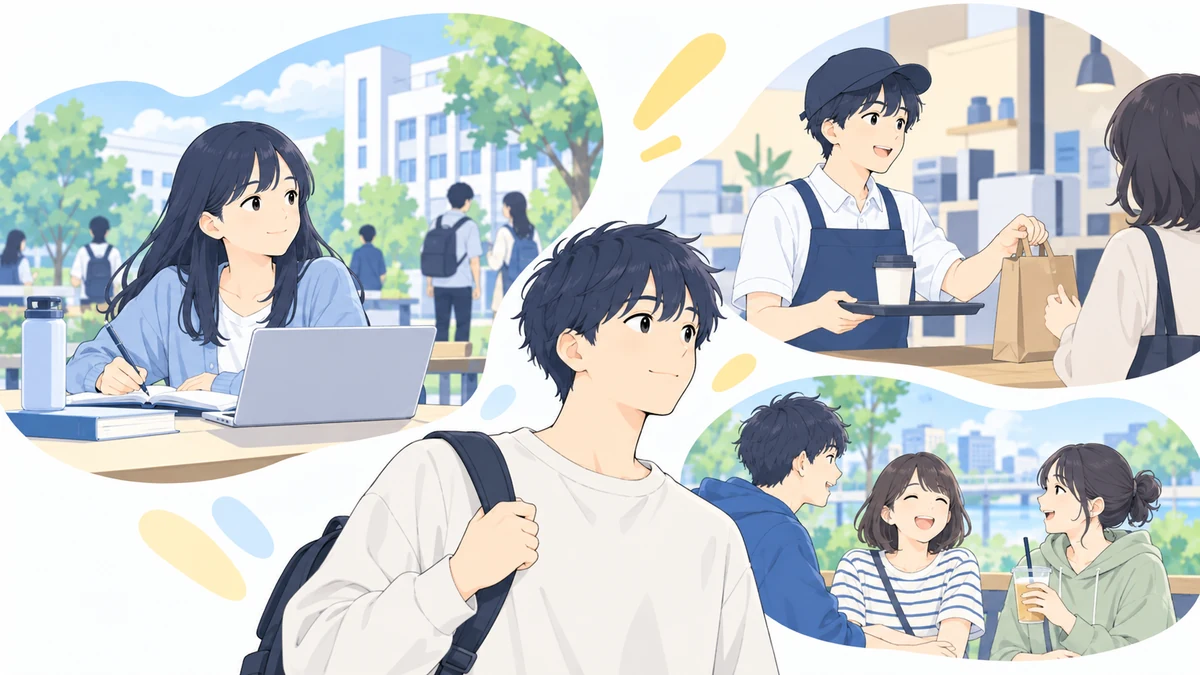 大学生活や仕事など卒業後の日常を送る若者たちのイラスト