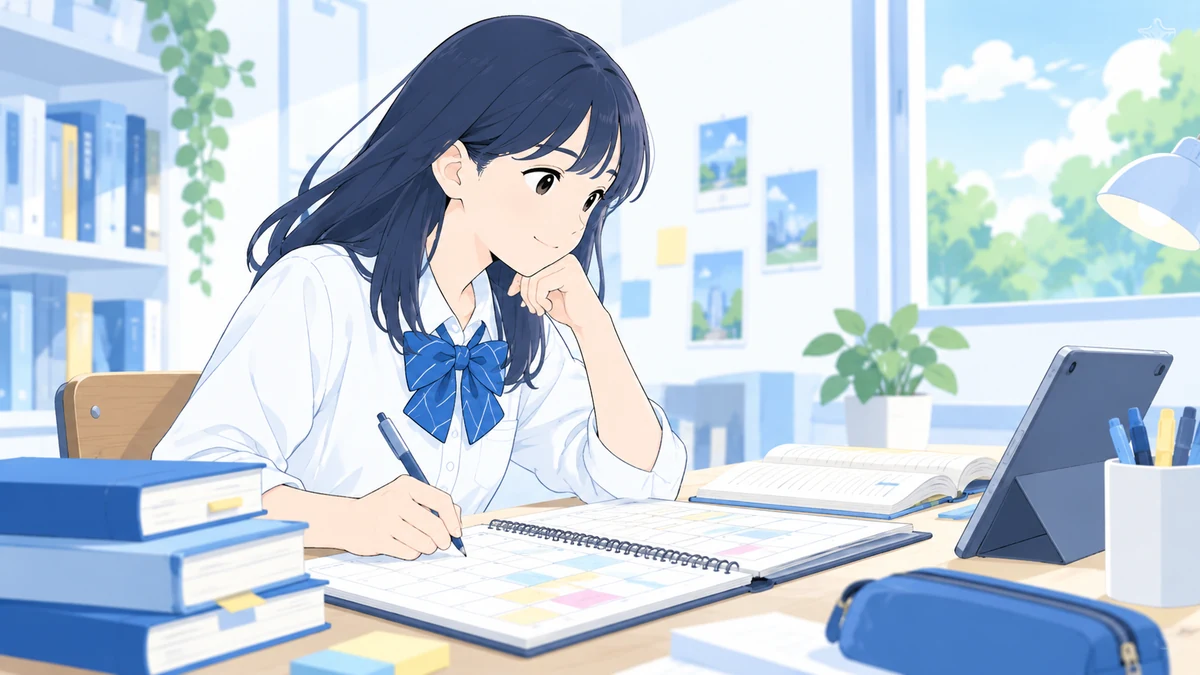 自分で学習計画を立てて大学受験勉強を進める生徒のイラスト