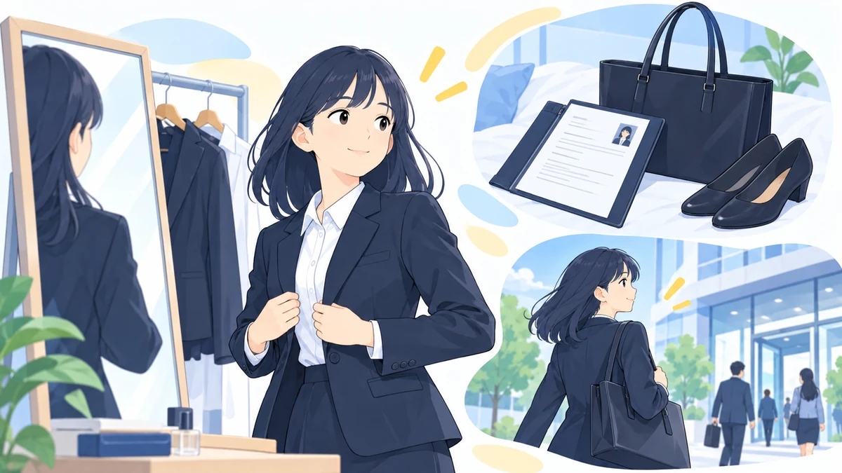 履歴書や面接の準備をして就職活動へ向かう生徒のイラスト