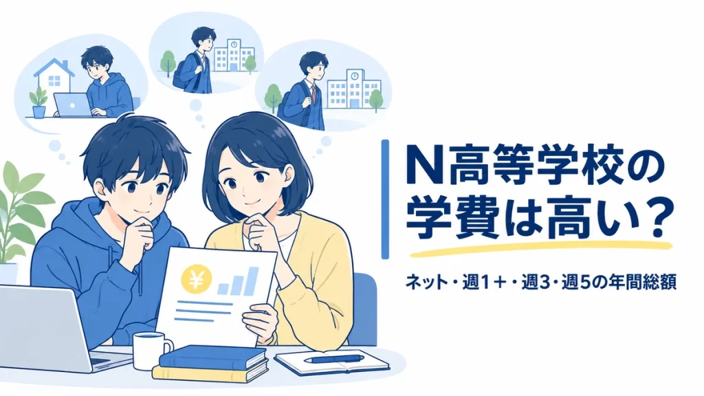 N高の学費と通い方について親子で検討するイラスト