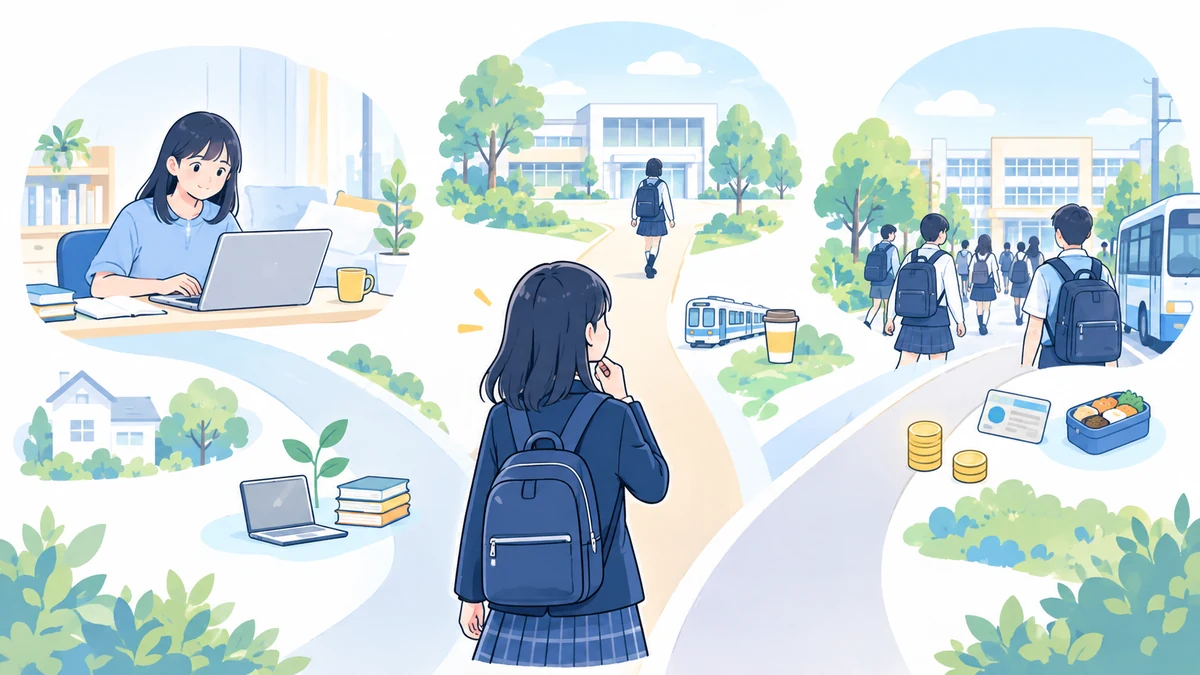 自宅中心・ときどきキャンパス・頻繁に通学する学び方の違いを考えるイラスト
