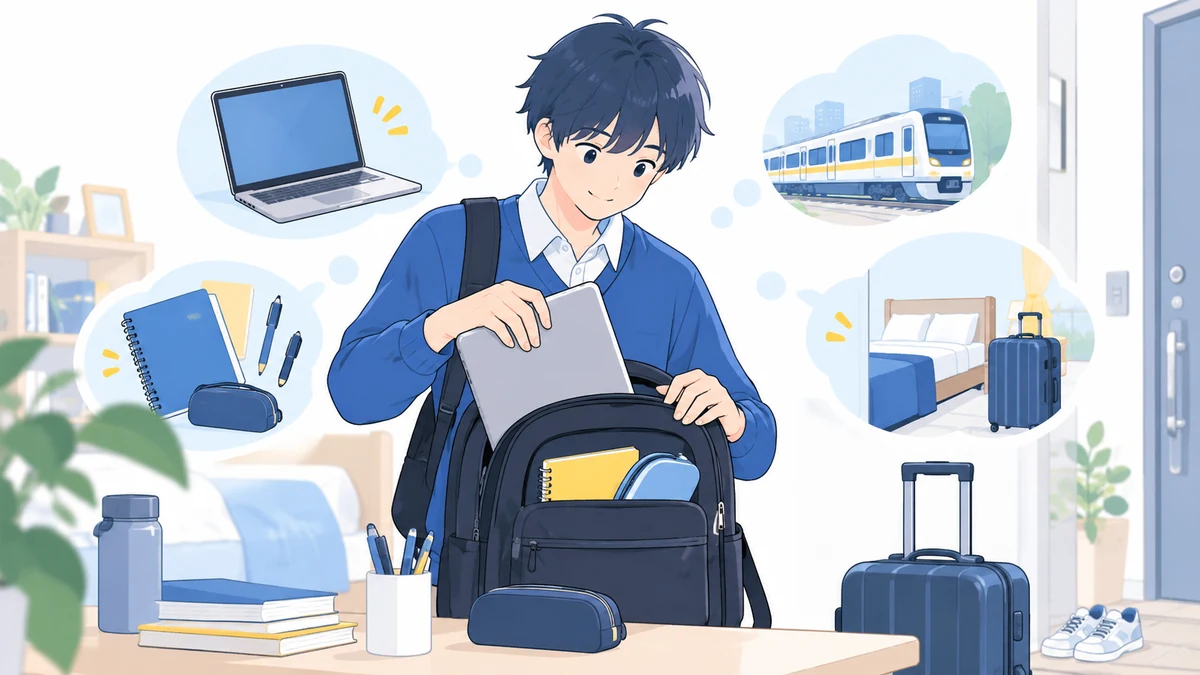 PCや交通・宿泊・学用品など学費以外の費用を準備する生徒のイラスト