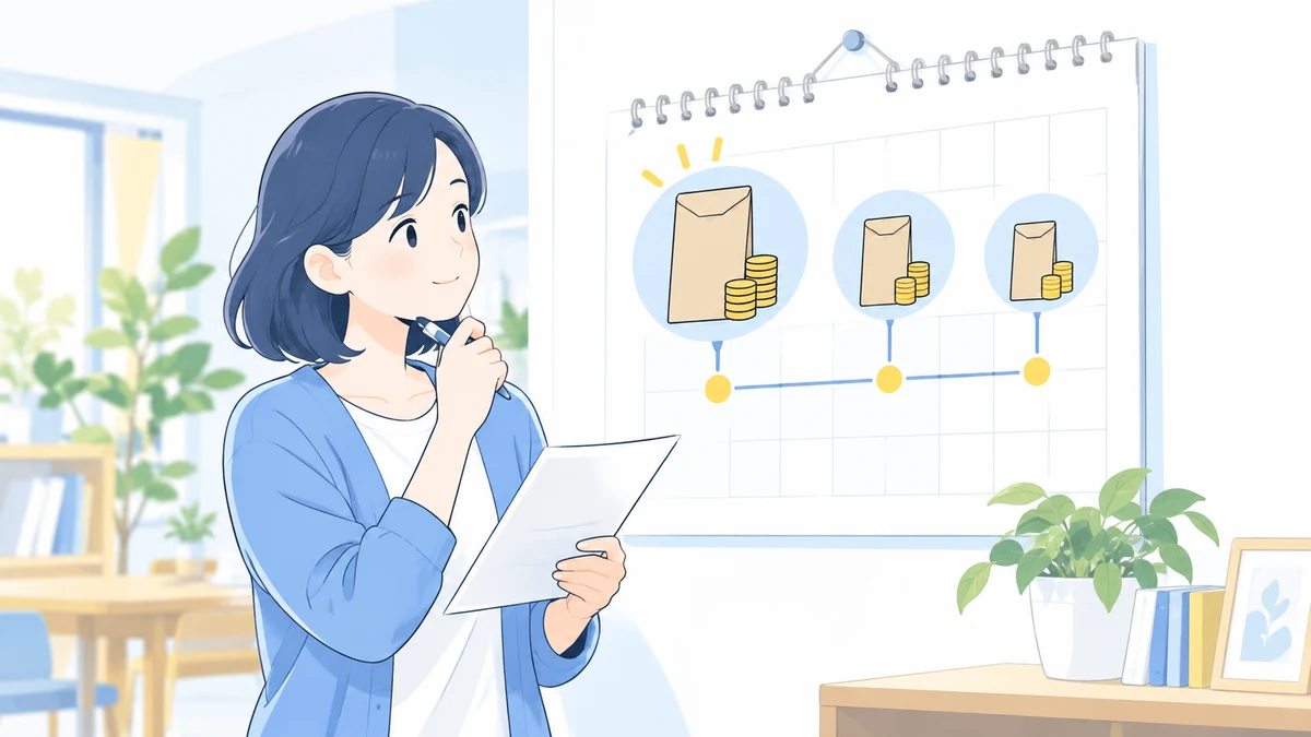 保護者がカレンダーで学費の支払い時期を確認するイラスト