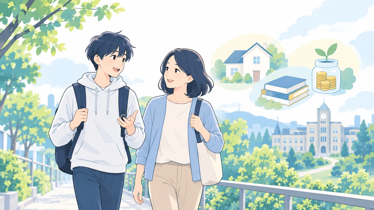 親子が家計や大学進学も含めて将来を話しながら歩くイラスト