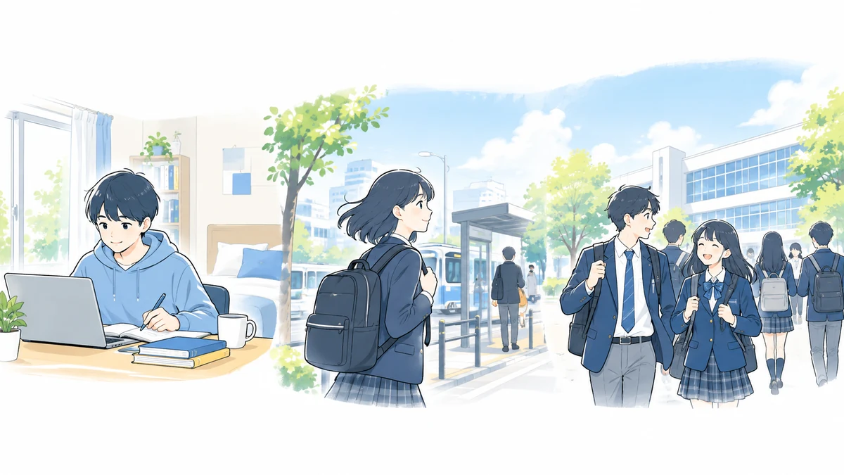 自宅学習・週1程度の通学・日常的な通学という3つの生活リズムを表すイラスト