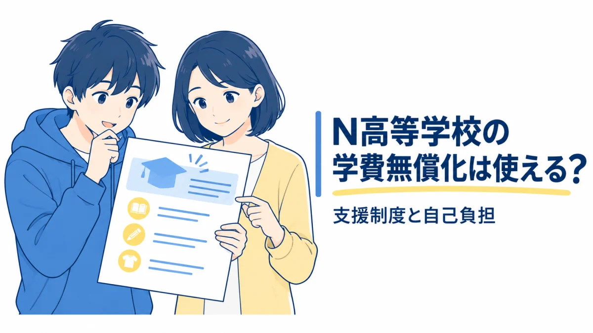N高の学費無償化と自己負担を親子で確認するイラスト
