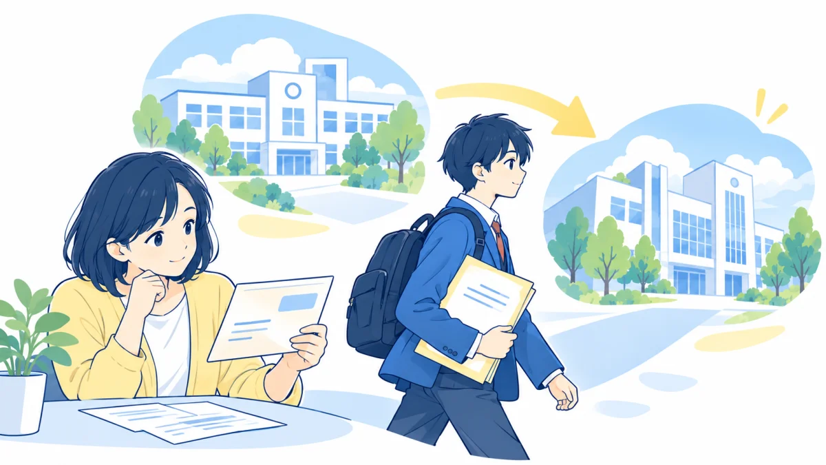前の高校の在籍情報を持ってN高への転入費用を確認する生徒のイラスト