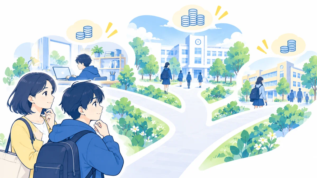 入学区分や通い方によって支援後の負担が変わることを家族で確認するイラスト